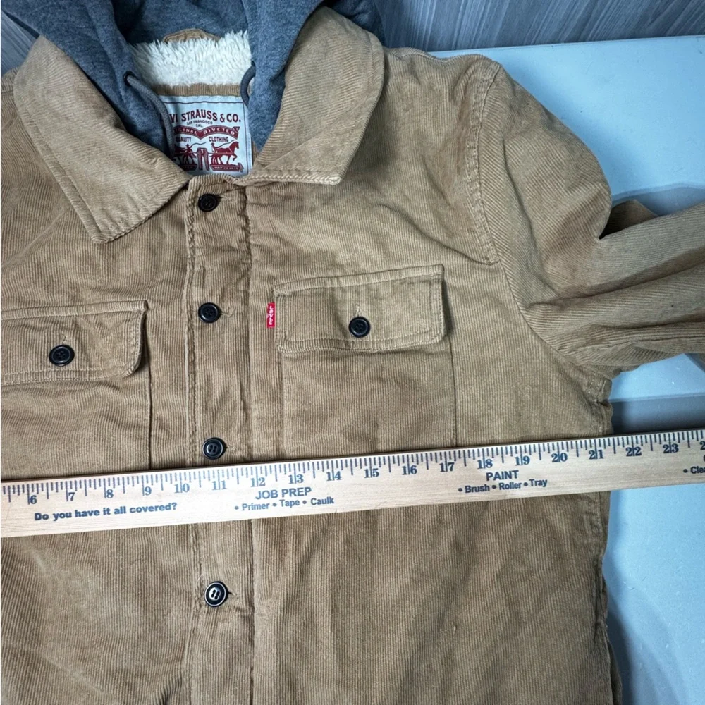 Levi's Corduroy Sherpa Lined Trucker Jacket Tan Sweat Shirt‎ Hood Sz Medium Mens